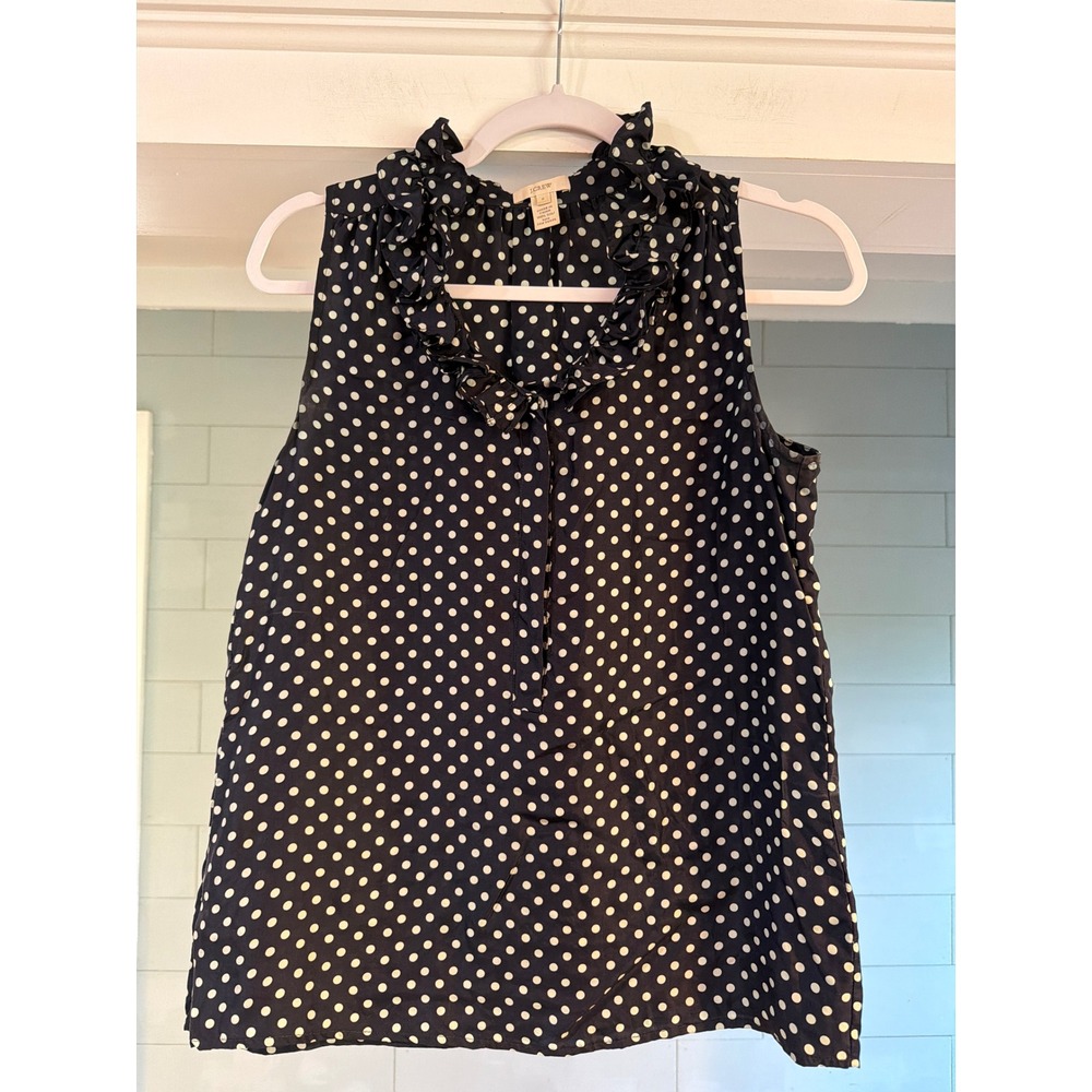 J.Crew Black & White Polka Dot 100% Silk Ruffle Neck Sleeveless Blouse 2